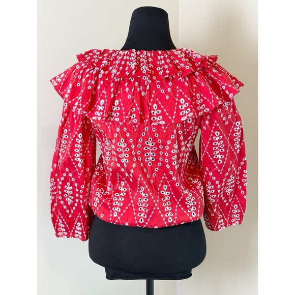 Zara red openwork embroidered ruffle blouse top S - Picture 5 of 8